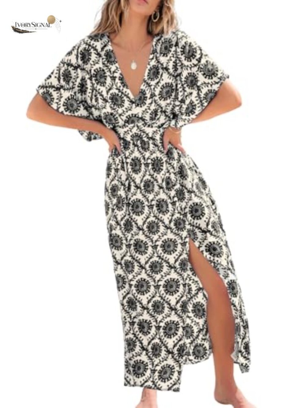 CUPSHE Boho Paisley Floral Deep V-Neck Dolman Sleeve Maxi Dress
